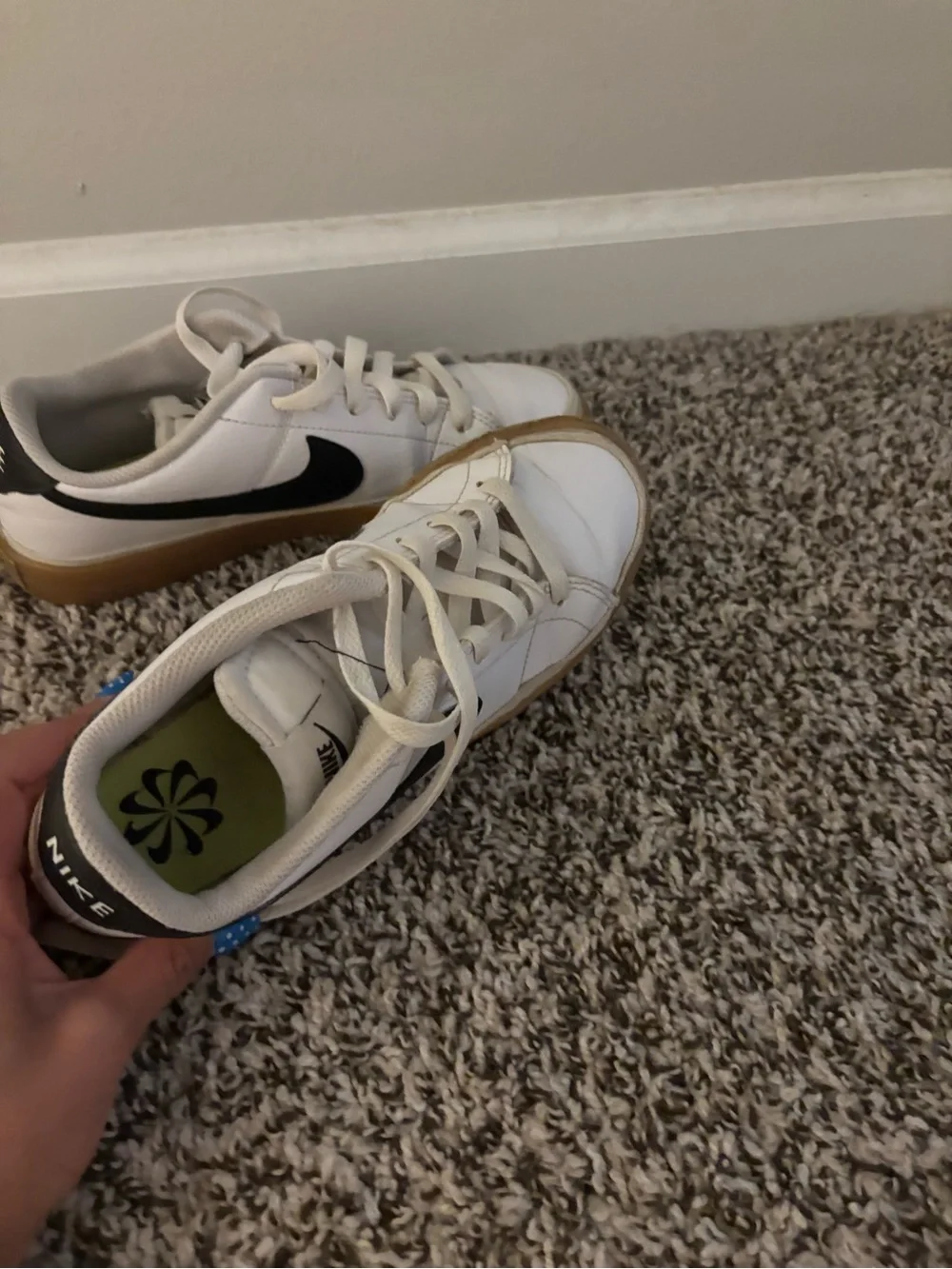Nike White Sneakers with Black Swoosh and Gum Sole - Kids